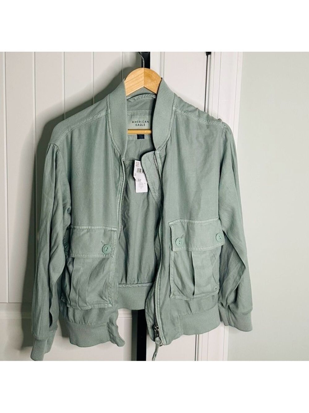 American Eagle-Linen-Blend Cropped Bomber Jacket-Size Small-Moss Grey - Picture 3 of 9
